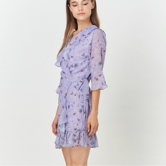 Purple floral wrap ruffle dress - Picture 3 of 9